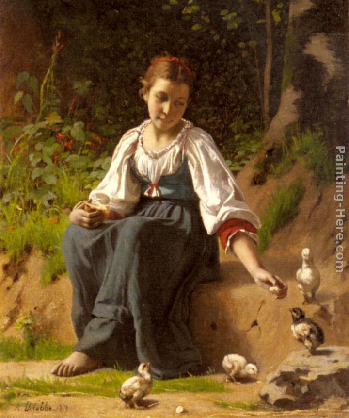 A Young Girl feeding Baby Chicks painting - Francois Alfred Delobbe A Young Girl feeding Baby Chicks art painting
